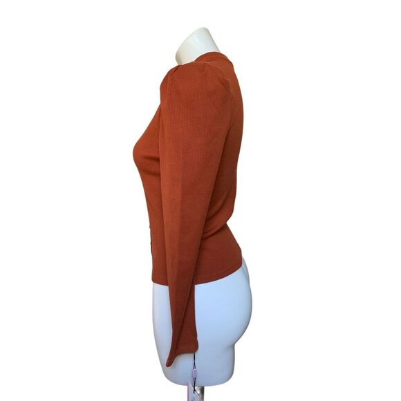 Avec Les Filles NEW Puff-Sleeve Rib-Knit Cardigan Shirt Rust Color Medium - Picture 5 of 11